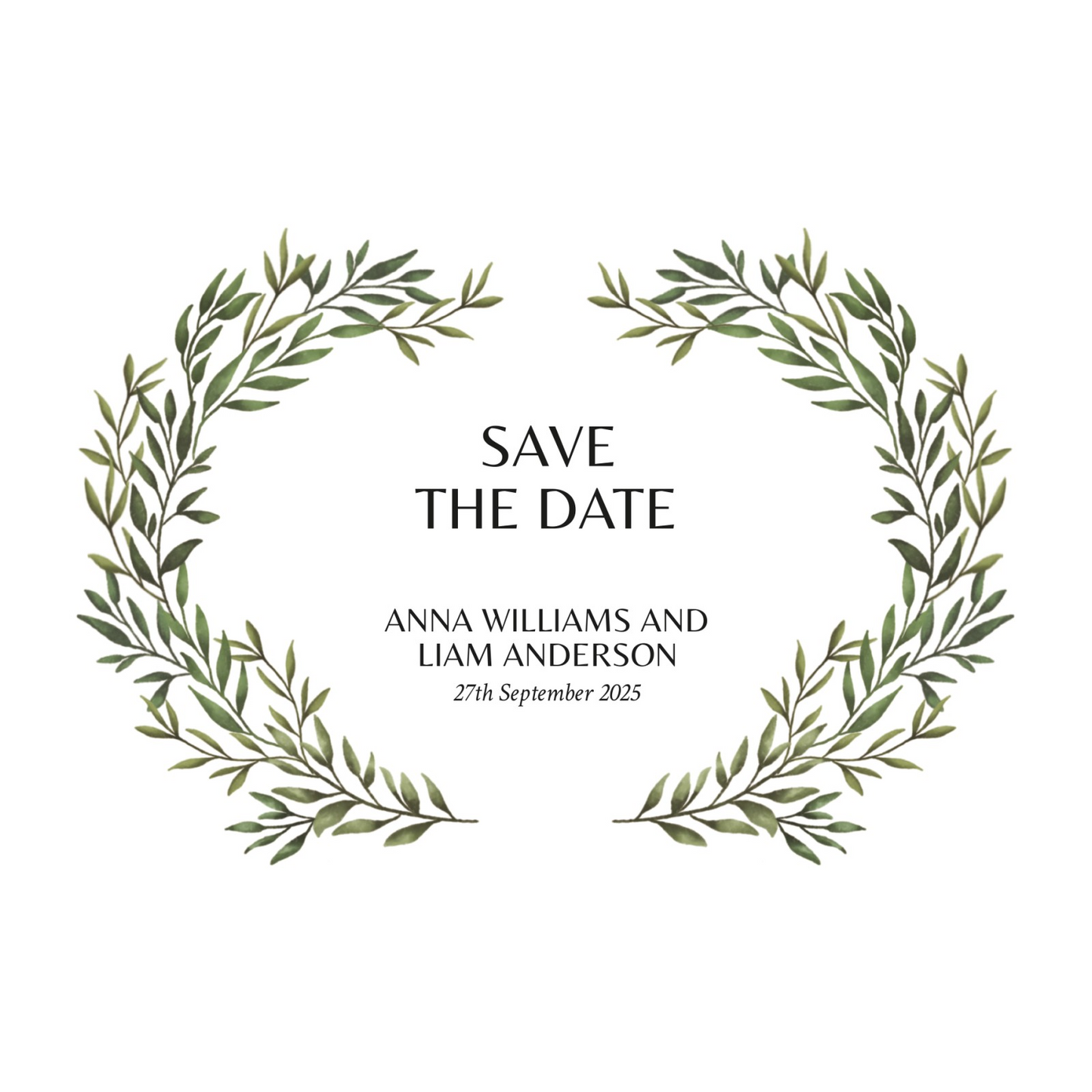 Save the date card with green leaf wreaths on a white background