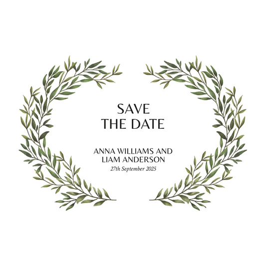 Save the date card with green leaf wreaths on a white background
