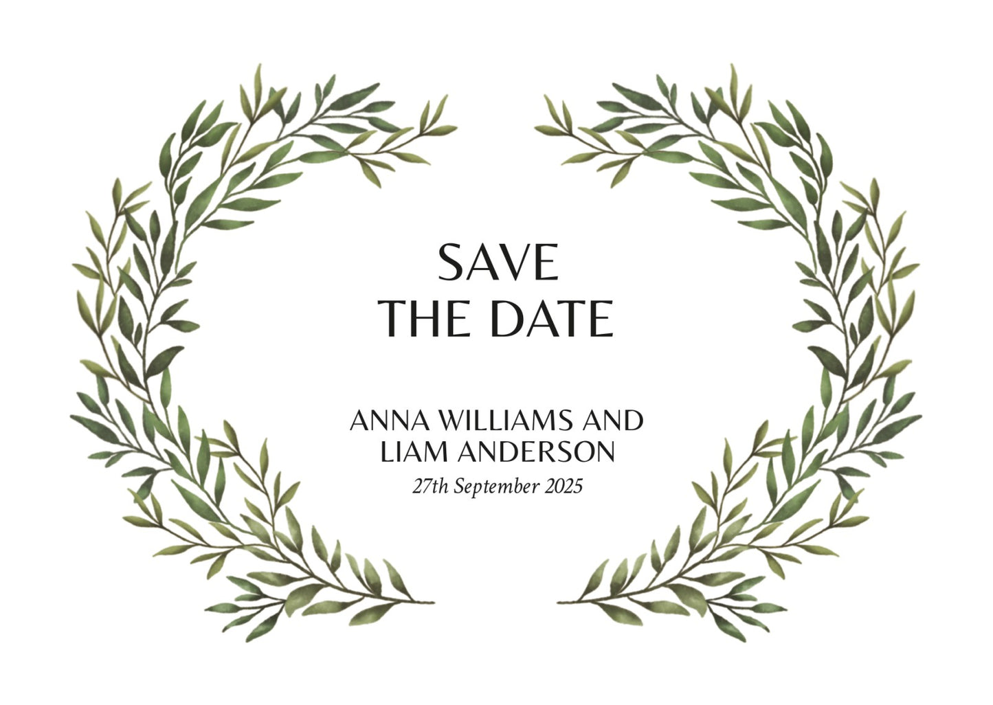 Save the date card with green leaf wreaths on a white background