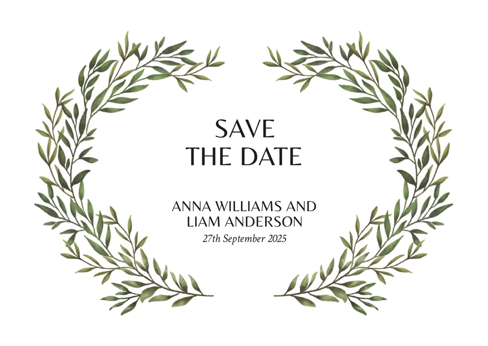 Save the date card with green leaf wreaths on a white background